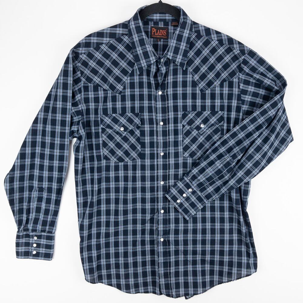 Men's Large Western Pearl Snap Shirt Blue White Plaid Plains Western Wear